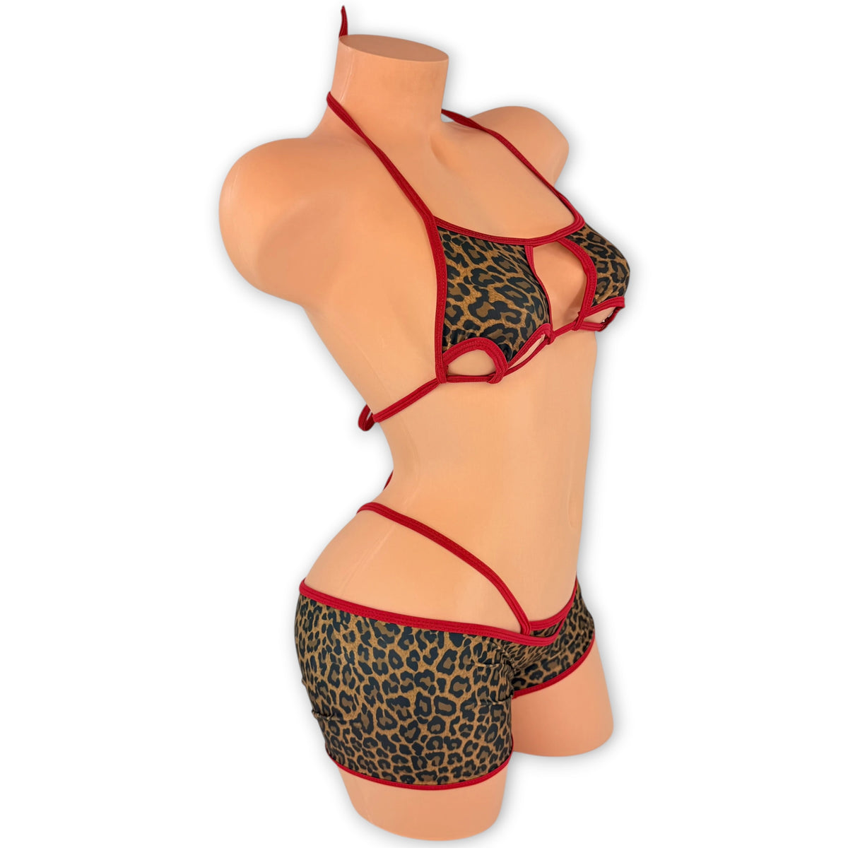 Leopard Imani star cut-out top and low rise shorts, side view showing the double hip straps