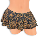 Leopard flare mini skirt with black lettuce hem, front view on mannequin
