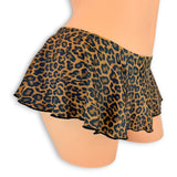 Leopard flare mini skirt side view showing the low rise and flowy skater cut