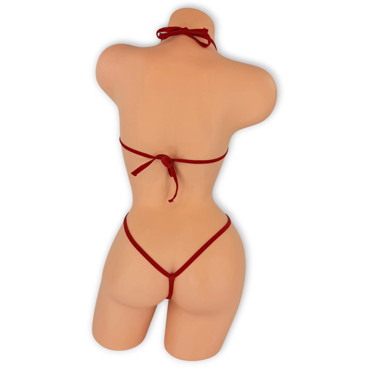 Leopard Reina slingshot bodysuit back view showing red neck and back ties and string thong back