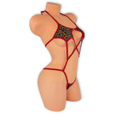 Leopard Reina slingshot bodysuit side view with red trim straps and leopard halter top