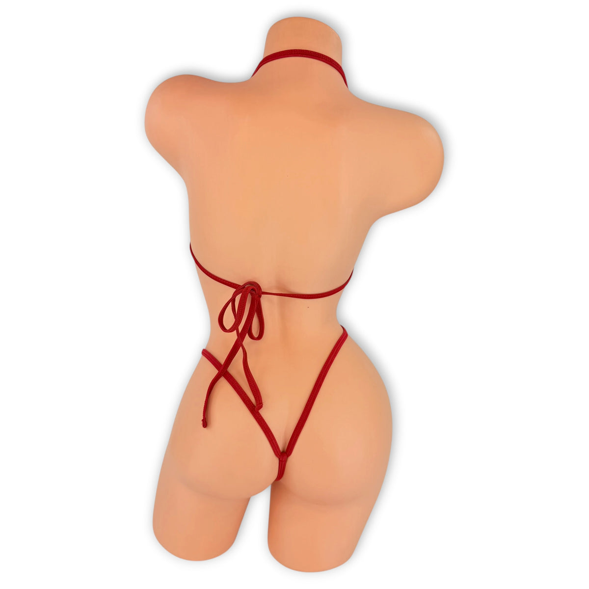 Leopard Zuri 'kini back view showing red neck and back ties and g-string back