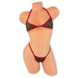 Leopard Zuri 'kini with red trim, center O-ring and leopard g-string, front view on mannequin