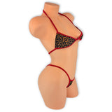 Leopard Zuri 'kini side view with red trim straps at the top and hips