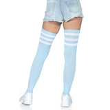 Back view of light blue athletic stripe ribbed thigh high socks - Golddiggers Boutique