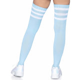Close-up back view of light blue athletic stripe ribbed thigh high socks - Golddiggers Boutique