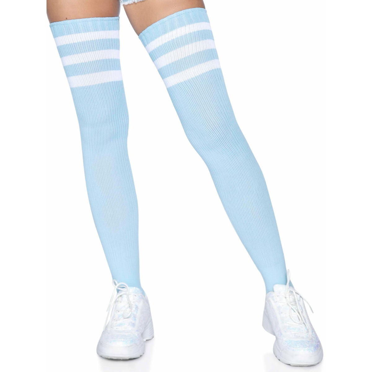 Close-up front view of light blue athletic stripe ribbed thigh high socks - Golddiggers Boutique