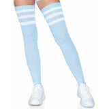 Close-up front view of light blue athletic stripe ribbed thigh high socks - Golddiggers Boutique