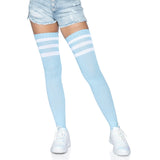 Front view of light blue athletic stripe ribbed thigh high socks - Golddiggers Boutique