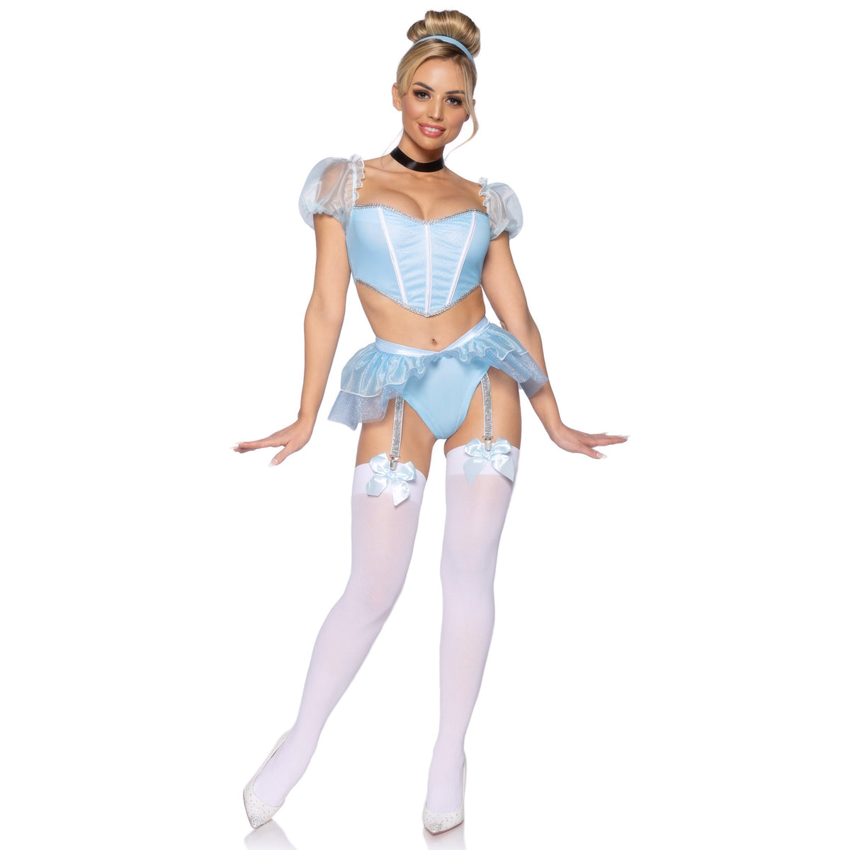 Front view of light blue glass slipper princess costume with boned crop top - Golddiggers Boutique