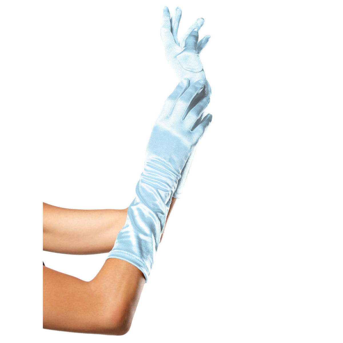 Close-up front view of light blue satin elbow length gloves - Golddiggers Boutique