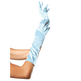 Close-up front view of light blue satin elbow length gloves - Golddiggers Boutique