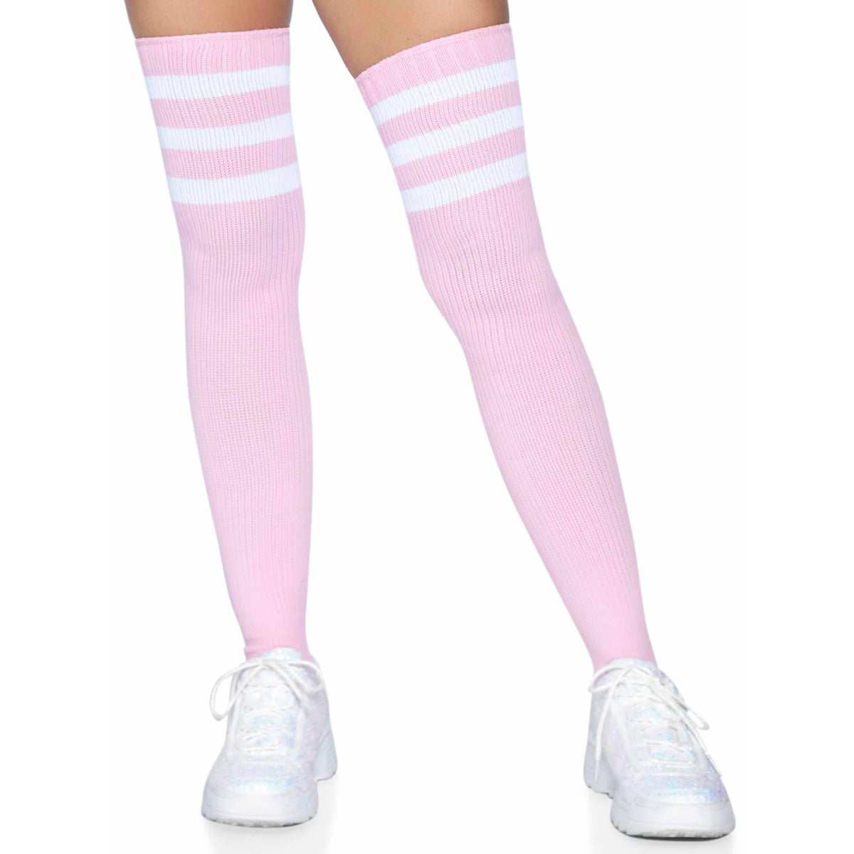 Close-up front view of light pink athletic stripe ribbed thigh high socks - Golddiggers Boutique