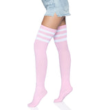 Side view of light pink athletic stripe ribbed thigh high socks - Golddiggers Boutique