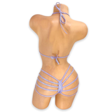 Lilac Elara holo plunge strappy bodysuit, back view with thong back and strappy hips