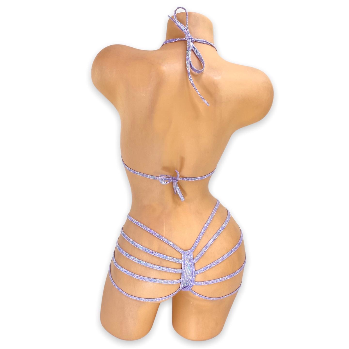 Lilac Elara holo plunge strappy bodysuit, back view with thong back and strappy hips