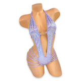Lilac Elara holo plunge strappy bodysuit, front angle view