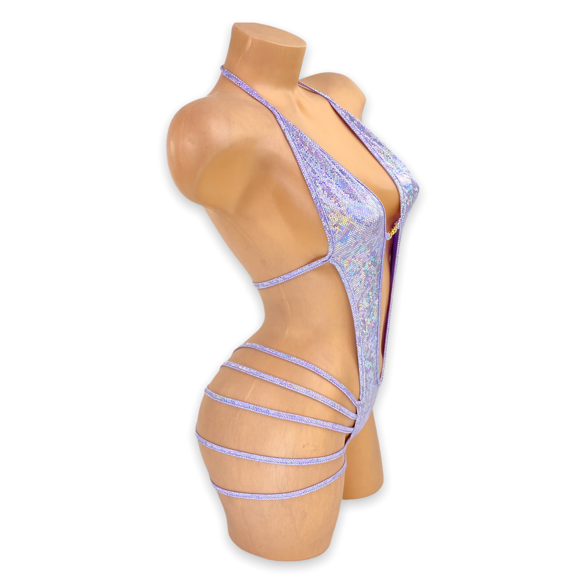 Lilac Elara holo plunge strappy bodysuit, side view showing open sides