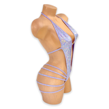 Lilac Elara holo plunge strappy bodysuit, side view showing open sides