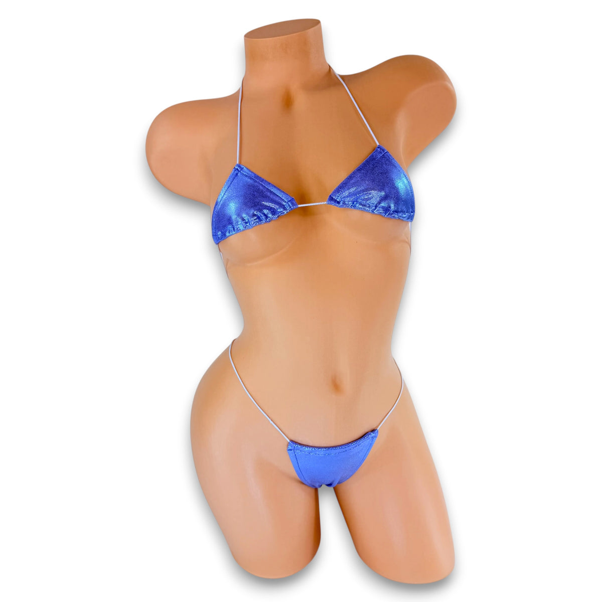 Front view of Lilac Holo micro 'kini on mannequin, lilac holographic triangle top and g-string on white strings