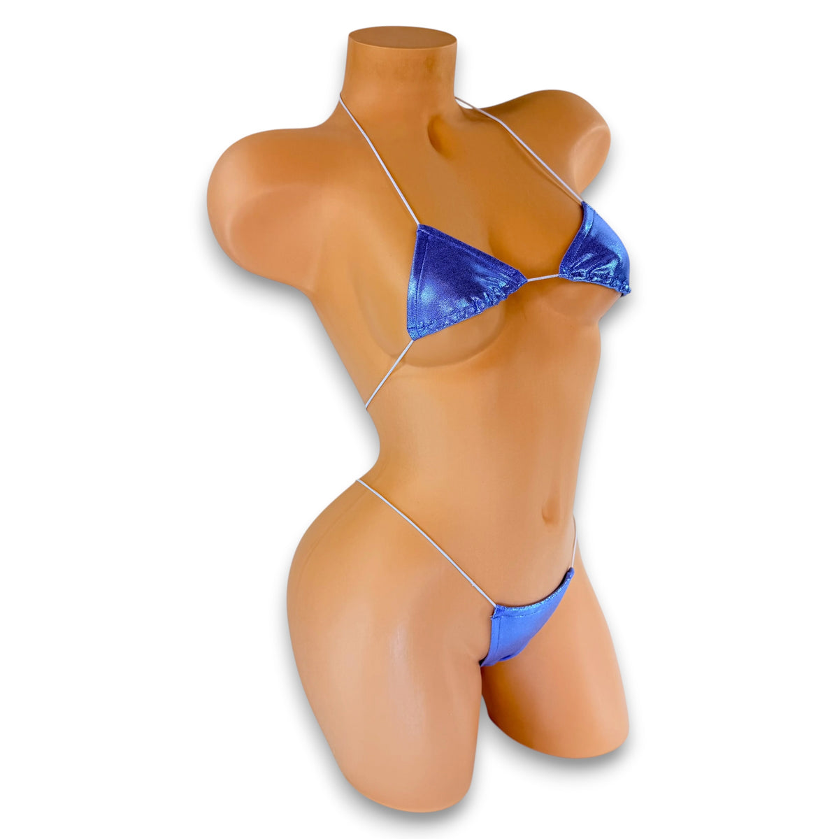 Side view of Lilac Holo micro 'kini on mannequin, shimmering lilac holographic exotic dancewear