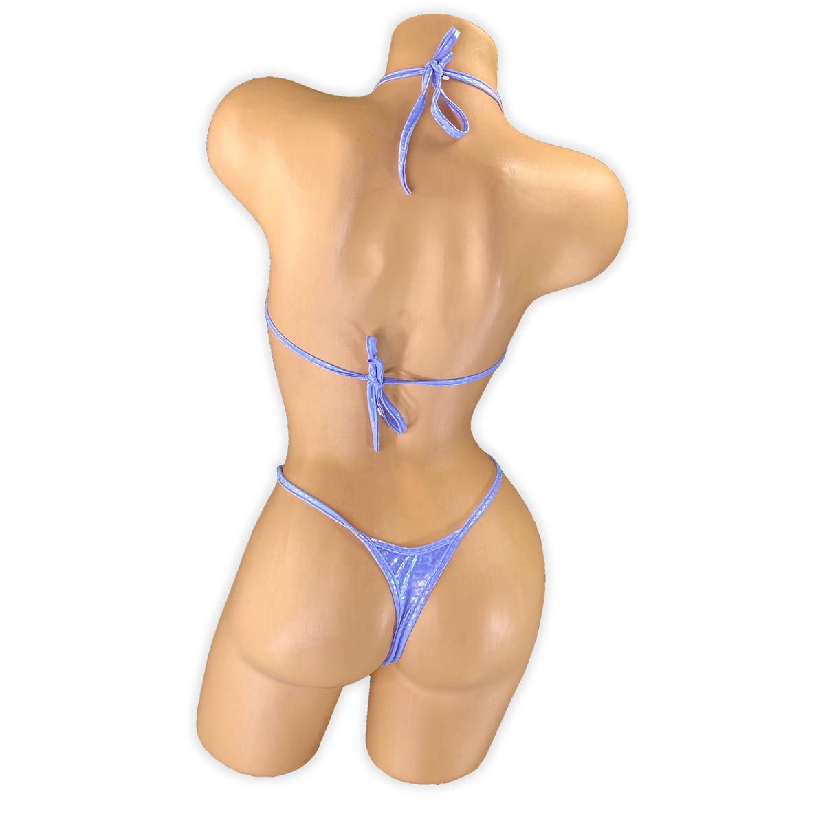 Back of the Lilac Stella sequin star cutout slingshot bodysuit showing the halter tie, tie back and thong