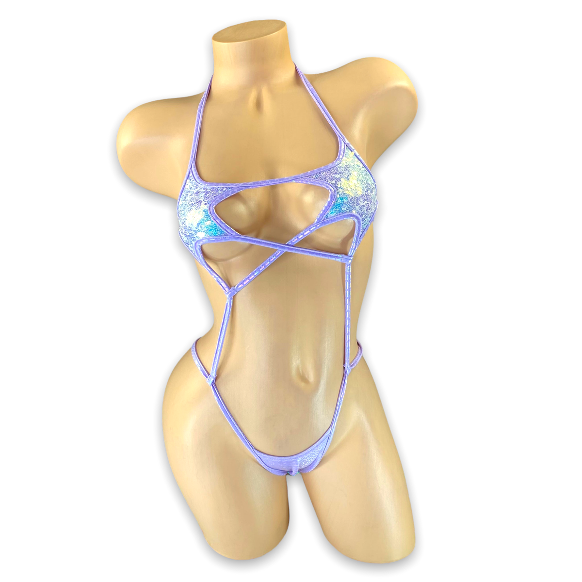 Front of the Lilac Stella sequin star cutout slingshot bodysuit with star-shaped cups