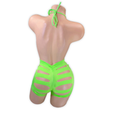 Lime Ava rhinestone ladder cutout romper, back view with scrunch seat and slashed shorts
