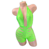 Lime Ava rhinestone ladder cutout romper, angled front view