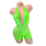 Lime Ava rhinestone ladder cutout romper, front view on mannequin