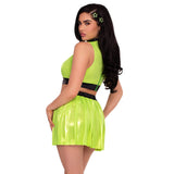 Close back view of lime green superhero girl costume with heart crop top and skirt - Golddiggers Boutique