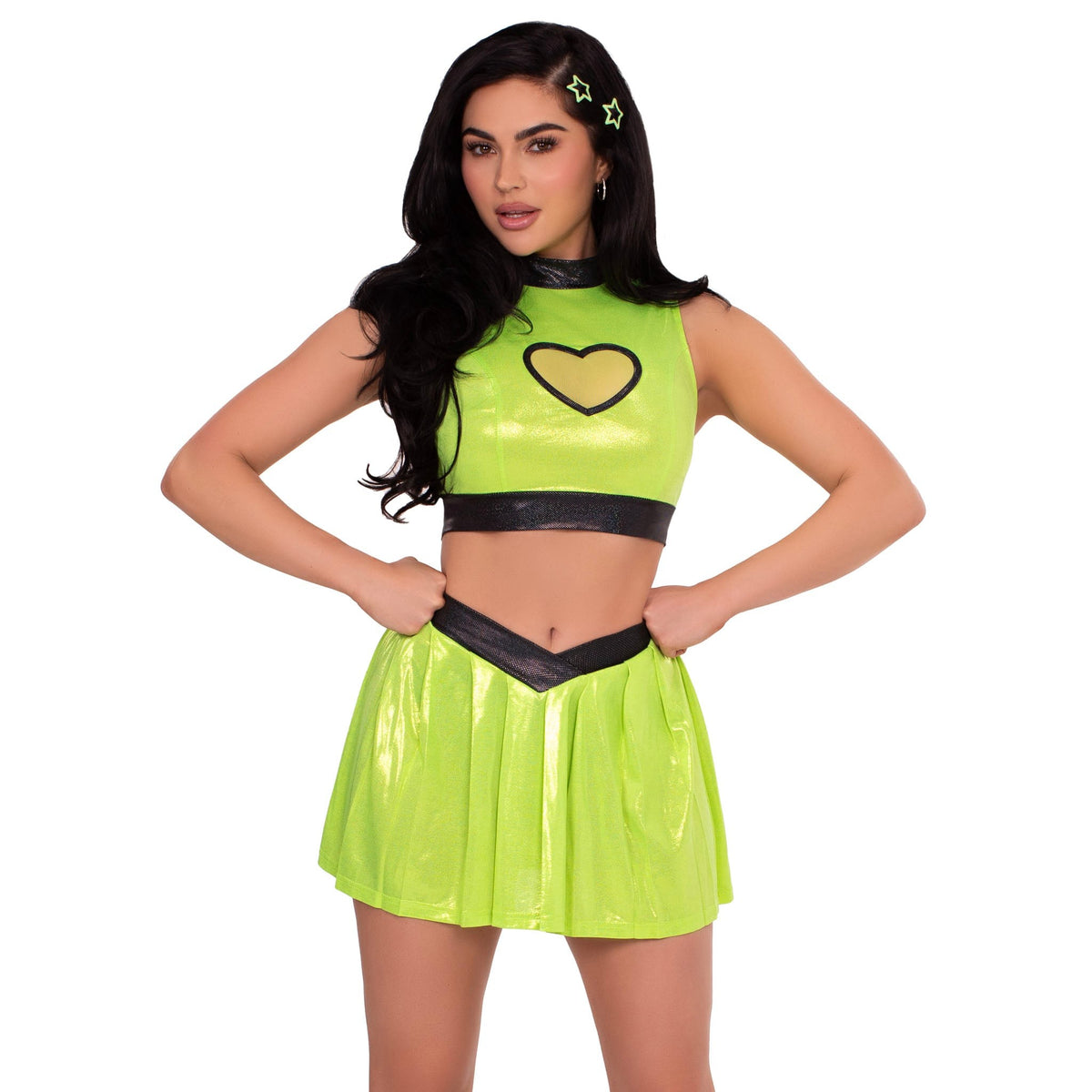 Close front view of lime green superhero girl costume with heart crop top and skirt - Golddiggers Boutique