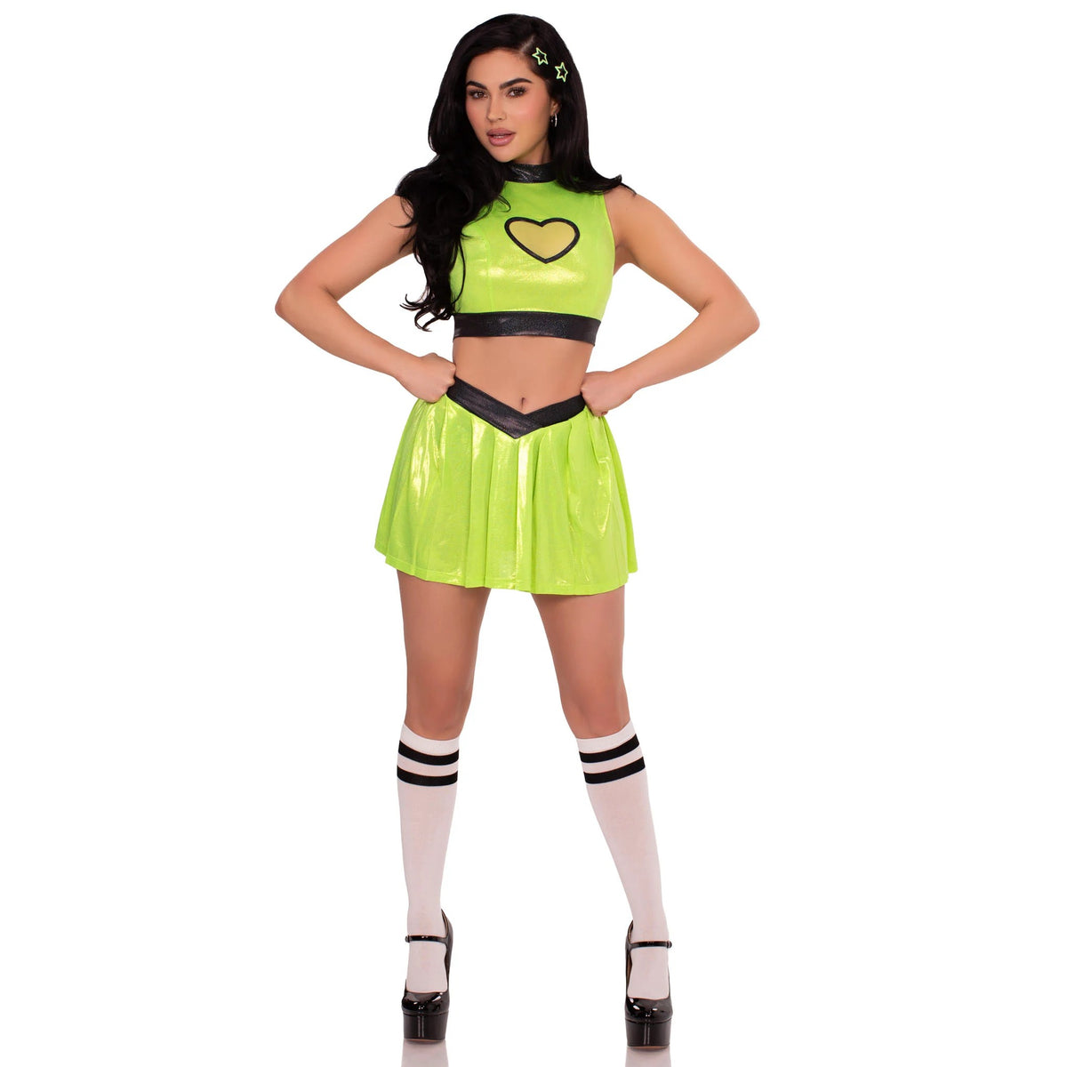 Front view of lime green superhero girl costume with heart crop top and skirt - Golddiggers Boutique