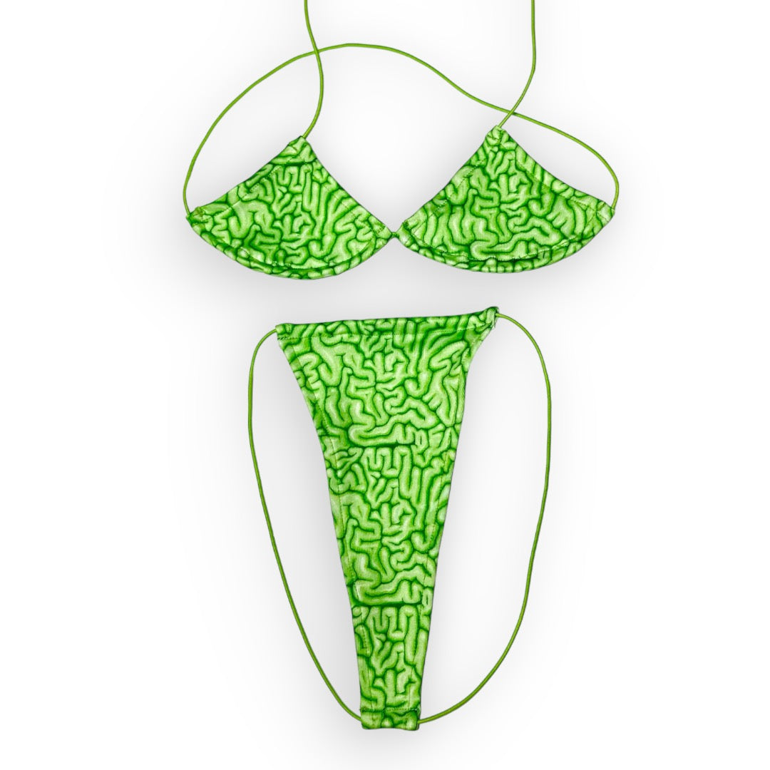 Zombie Brains micro 'kini, flat lay of triangle top and g-string thong on lime green strings, Golddiggers Boutique