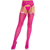 Front view of magenta heart net garter belt stockings with satin bows - Golddiggers Boutique