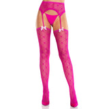 Front view of magenta heart net garter belt stockings with satin bows - Golddiggers Boutique