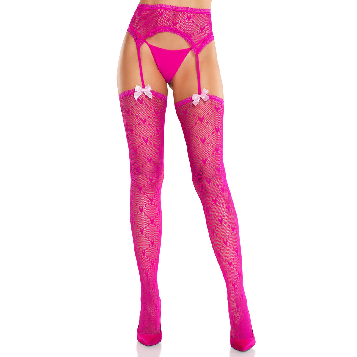Front view of magenta heart net garter belt stockings with satin bows - Golddiggers Boutique