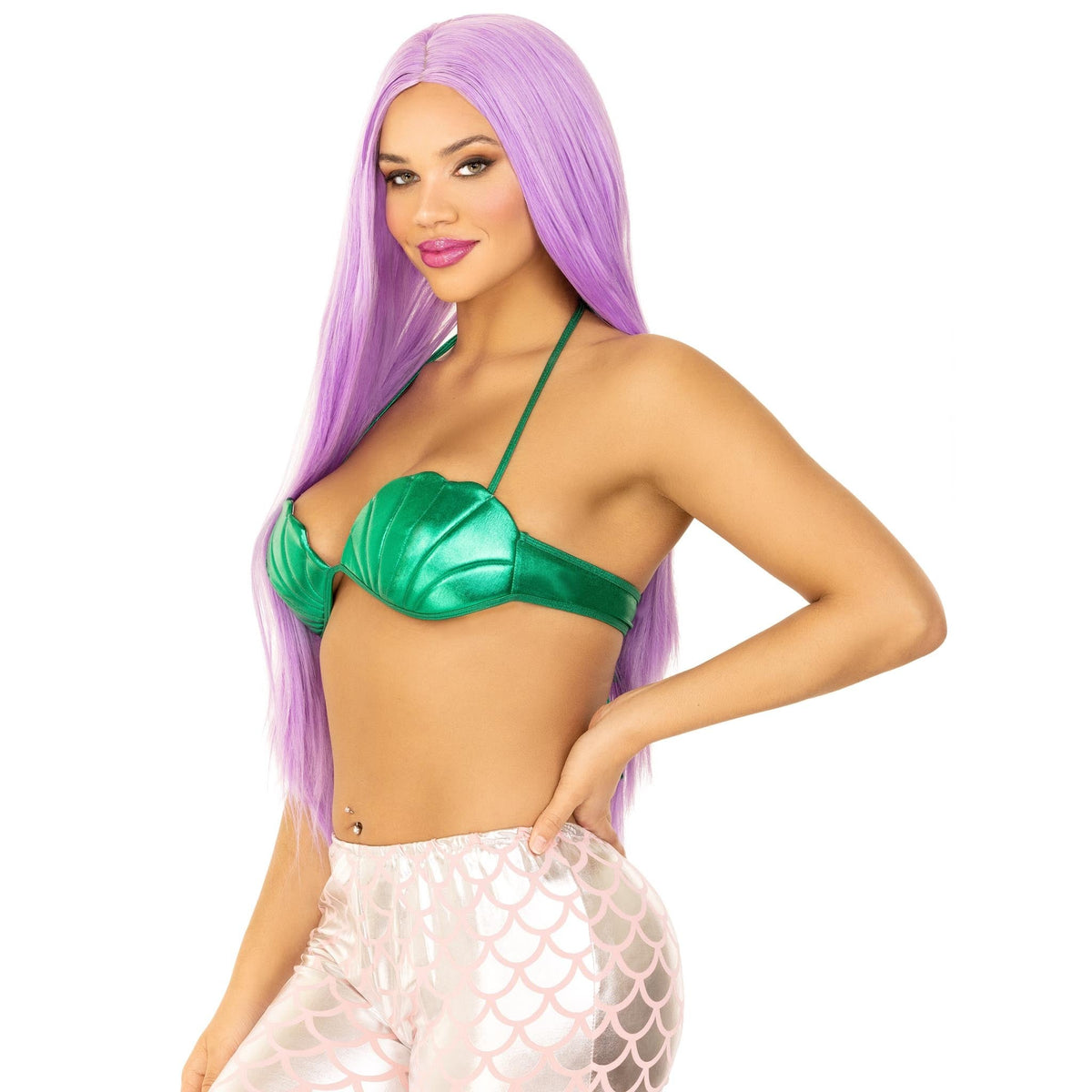 Detail view of green mermaid shell bra top - Golddiggers Boutique