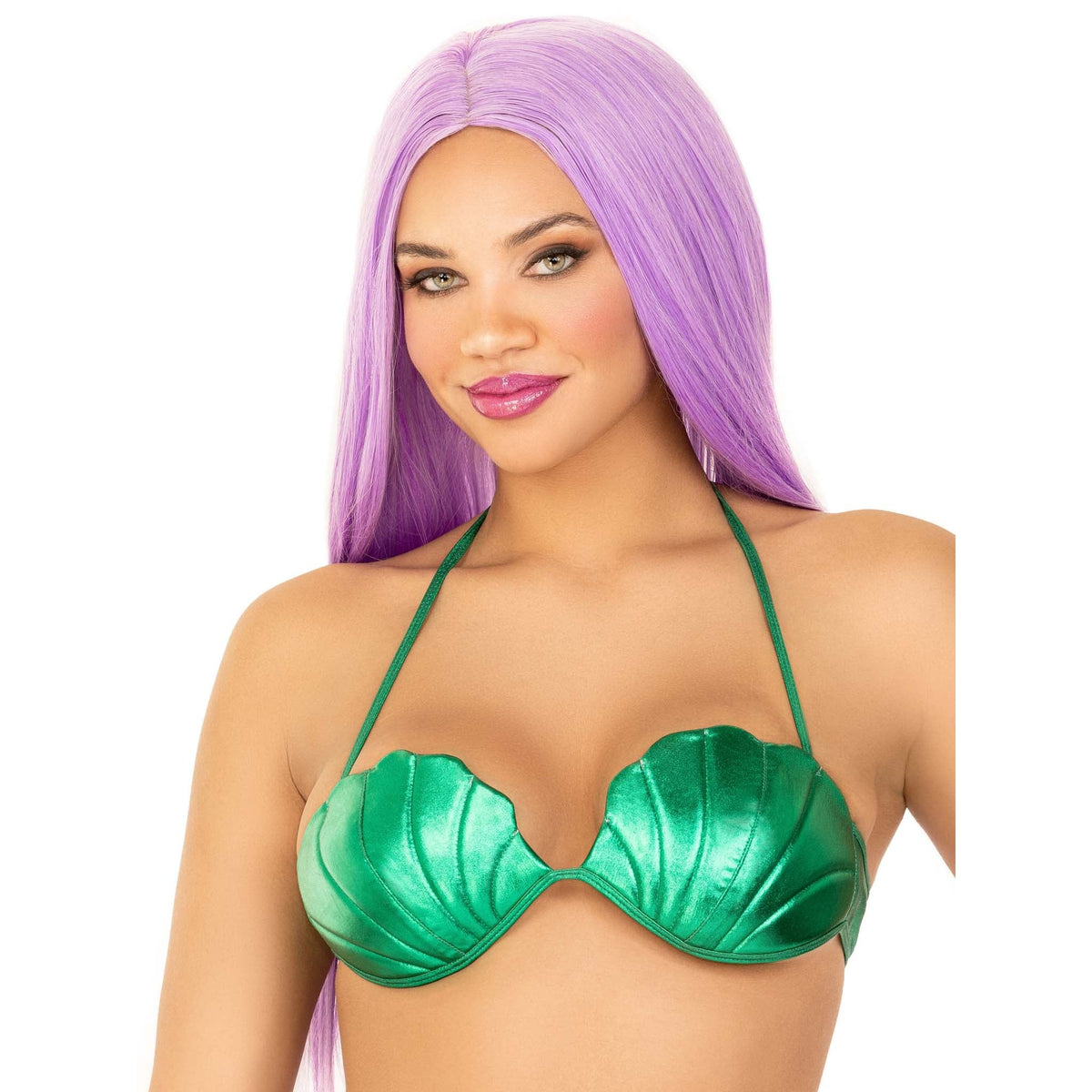 Close front view of green mermaid shell bra top - Golddiggers Boutique
