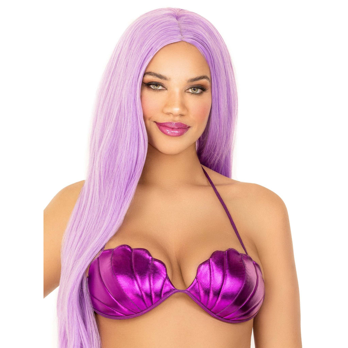 Close front view of purple mermaid shell bra top - Golddiggers Boutique