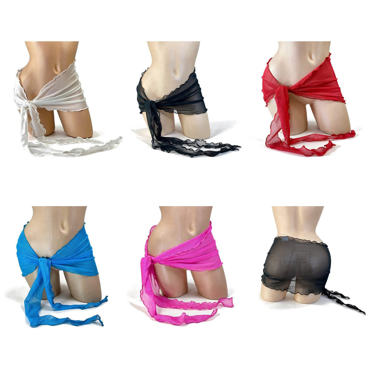 Mesh mini wrap skirt in white, black, red, turquoise and neon pink, tied at the hip on a mannequin
