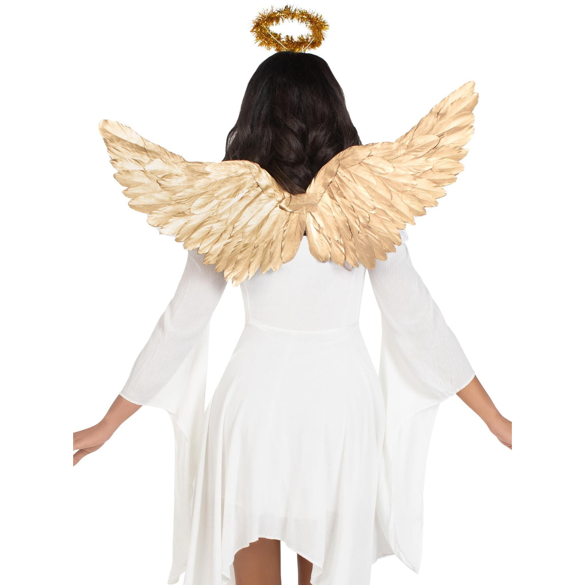 Detail view of gold metallic angel wings and tinsel halo kit - Golddiggers Boutique