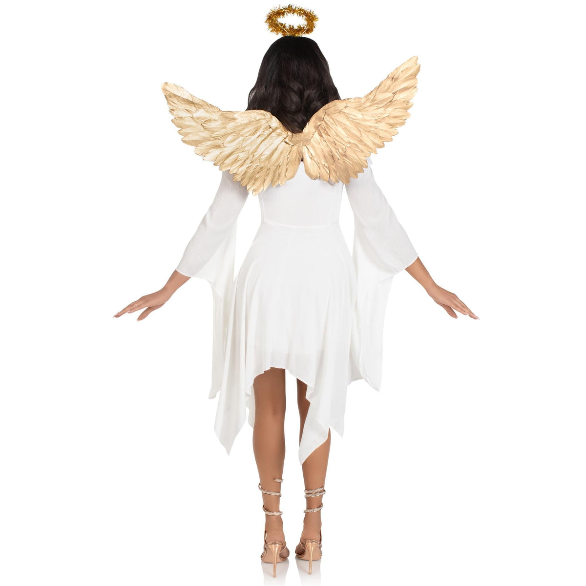 Front view of gold metallic angel wings and tinsel halo kit - Golddiggers Boutique