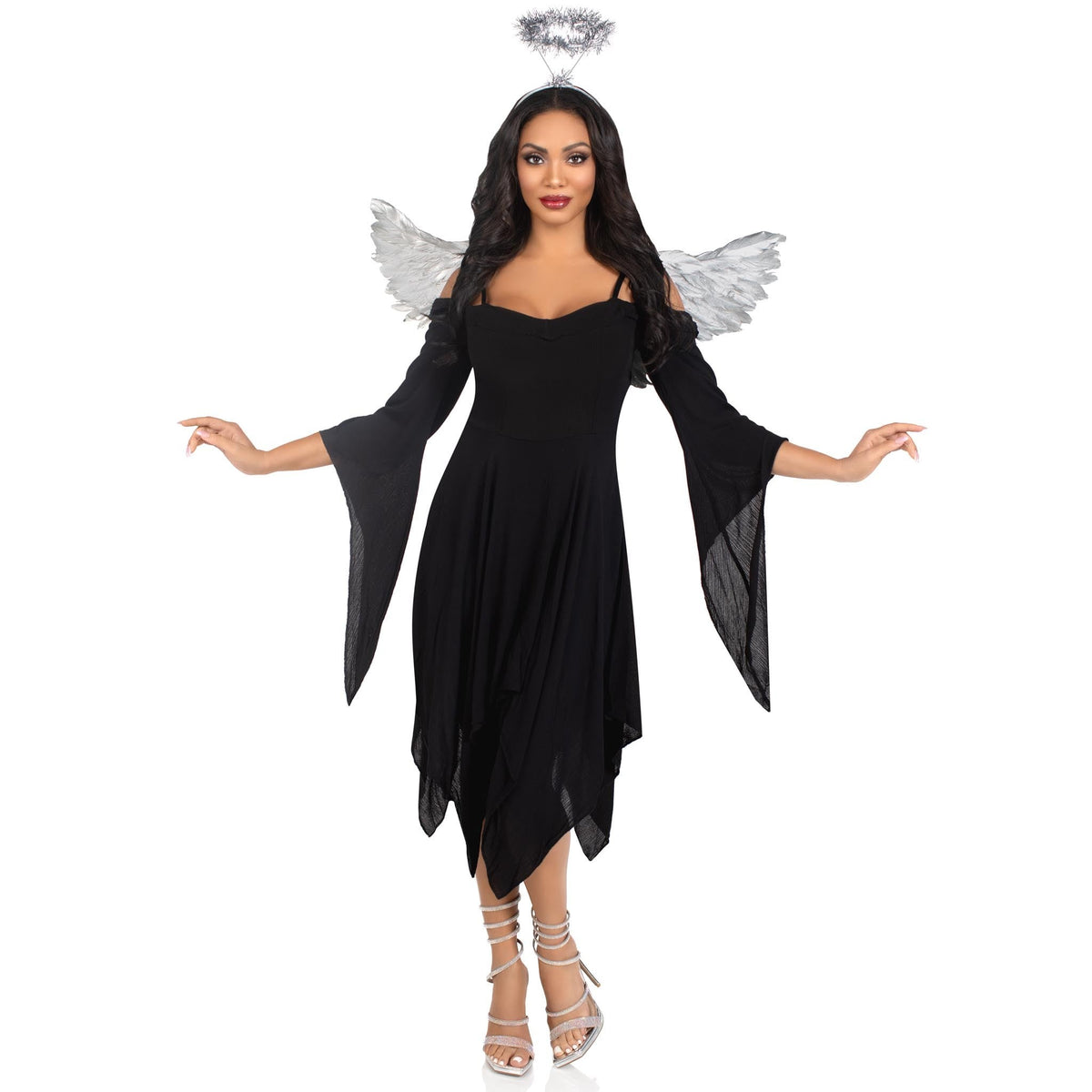 Detail view of silver metallic angel wings and tinsel halo kit - Golddiggers Boutique