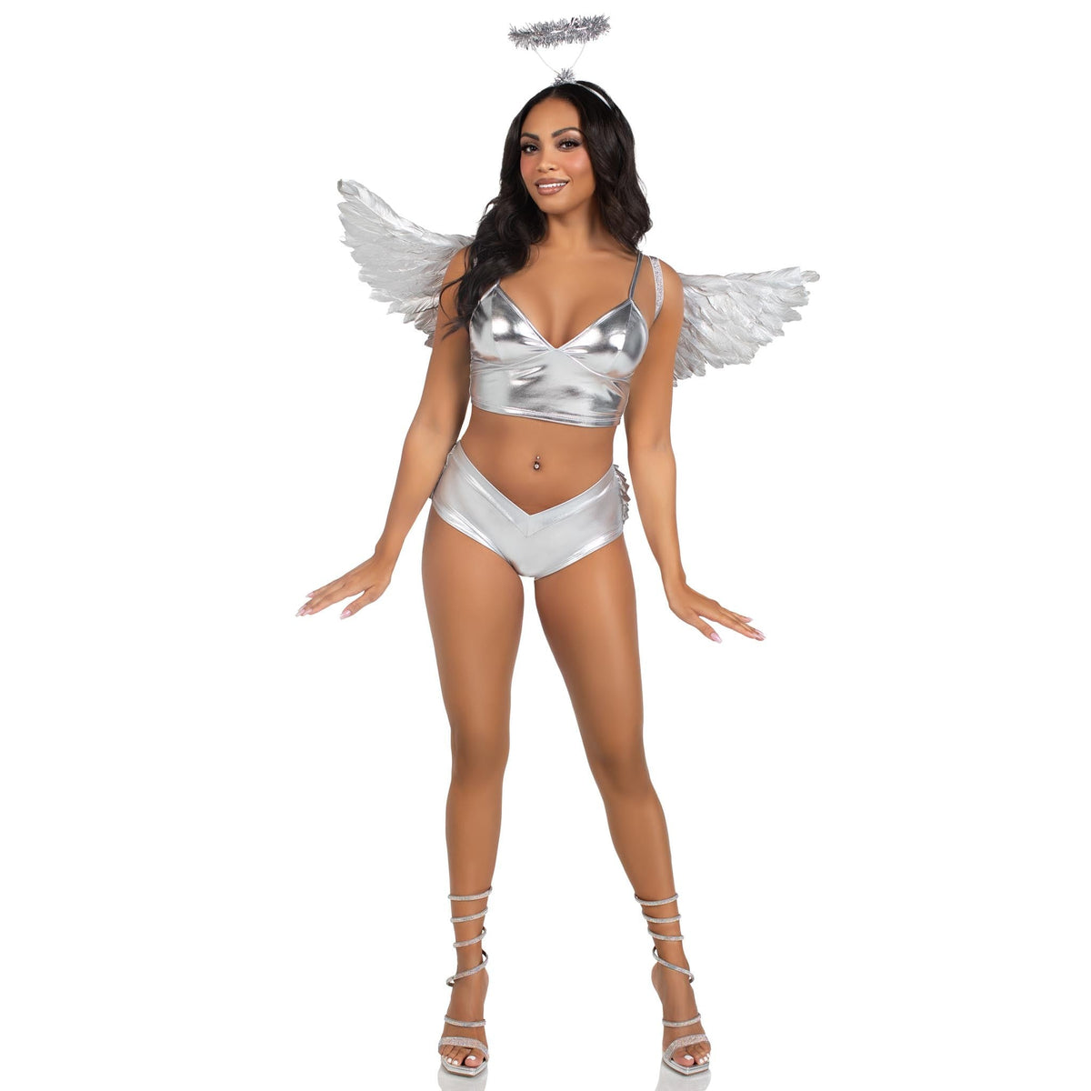 Detail view of silver metallic angel wings and tinsel halo kit - Golddiggers Boutique