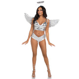 Detail view of silver metallic angel wings and tinsel halo kit - Golddiggers Boutique