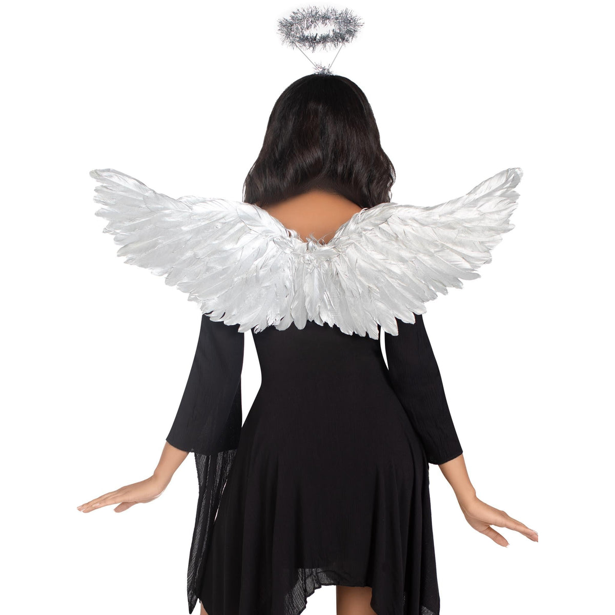 Detail view of silver metallic angel wings and tinsel halo kit - Golddiggers Boutique