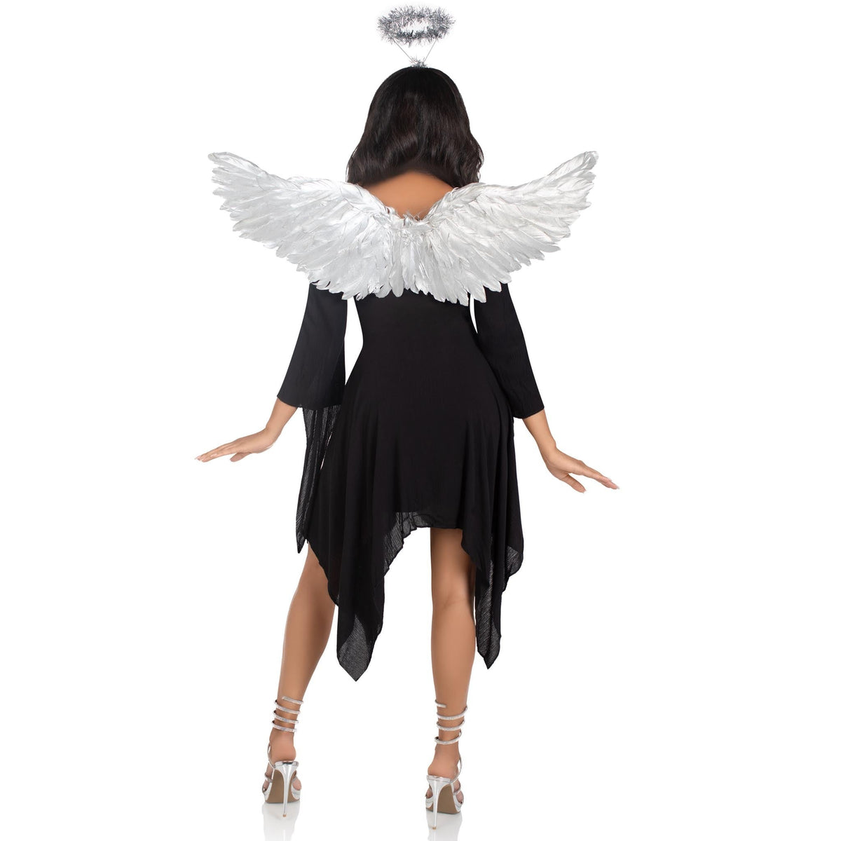 Front view of silver metallic angel wings and tinsel halo kit - Golddiggers Boutique