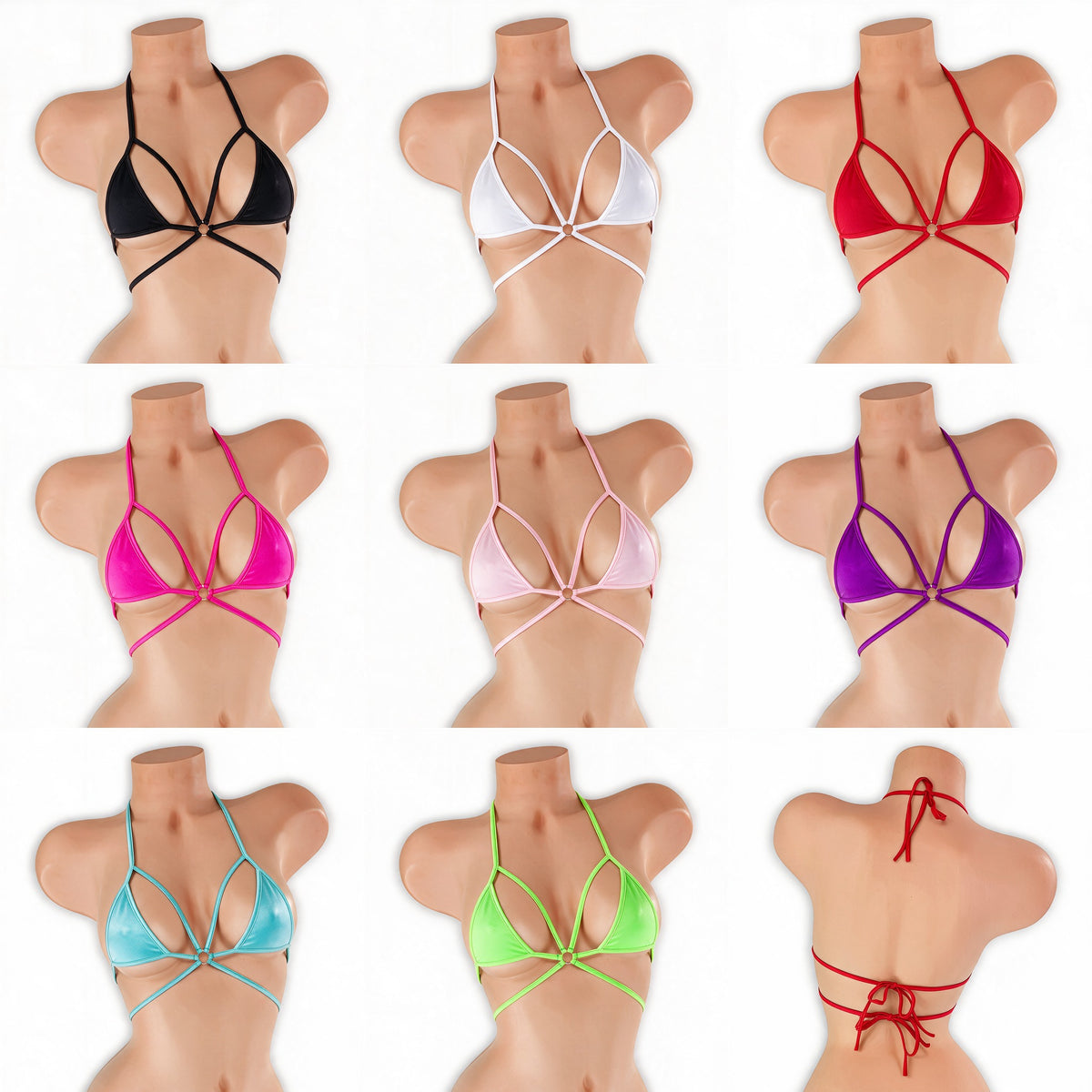 Micro strappy tri top on mannequin in all 8 colors, Golddiggers Boutique