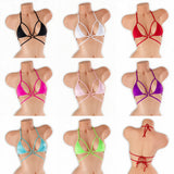 Micro strappy tri top on mannequin in all 8 colors, Golddiggers Boutique